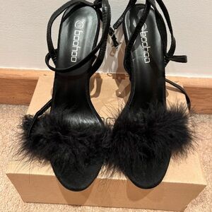 Boohoo Elegant Black Heels with Feather Accent